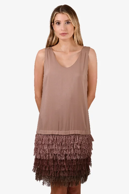 Open-knit trendy dress-Brunello Cucinelli Mauve Silk Fringe Sleeveless Dress Size L