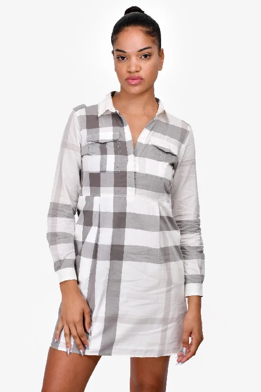 Frilled ruffle dress-Burberry Brit White/Grey Tartan Shirt Dress Size 4 US