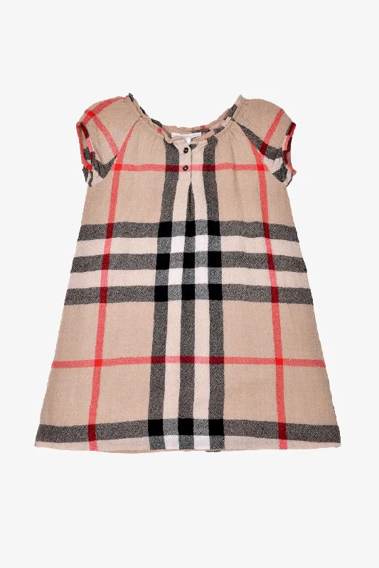 Mottled patchwork dress-Burberry Children Beige Check Wool Blend Dress Size 7Y Kids