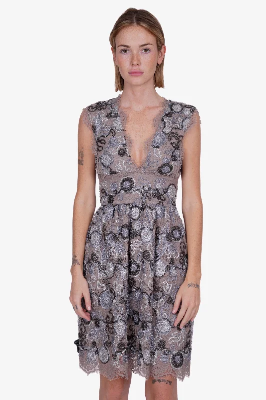 Worn plaid dress-Burberry Grey Embroidered Lace Cocktail Dress Size 44