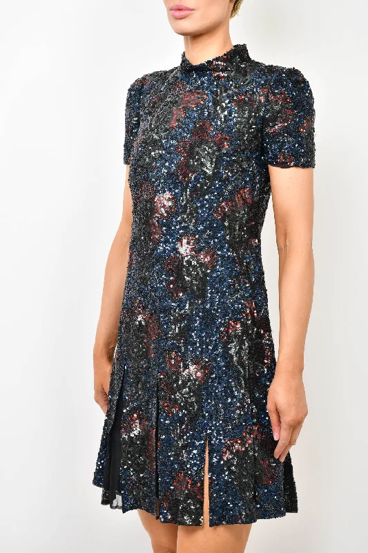 Bolt studded dress-Burberry London 2016 Navy Blue/Green/Black Floral Sequin Embellished Pleated Hem Dress Size 4