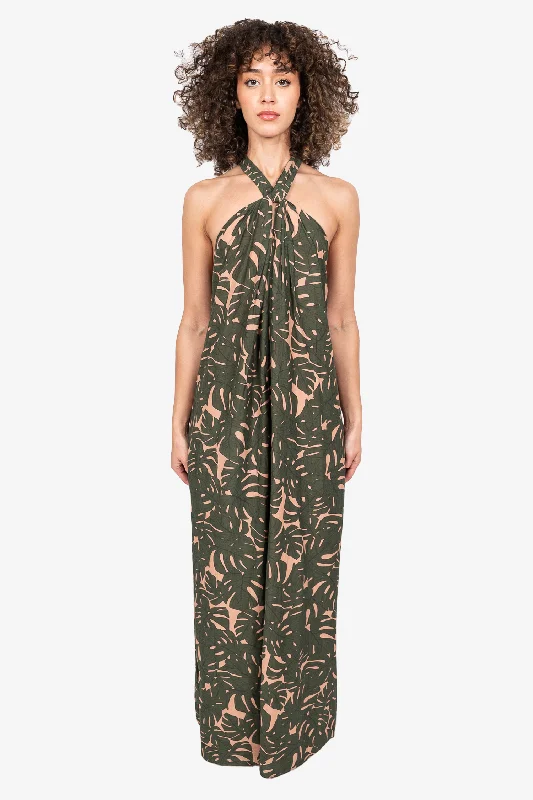 Melon reef dress-Cami NYC Green Leaf Printed Cotton Blend Halterneck Maxi Dress Size S