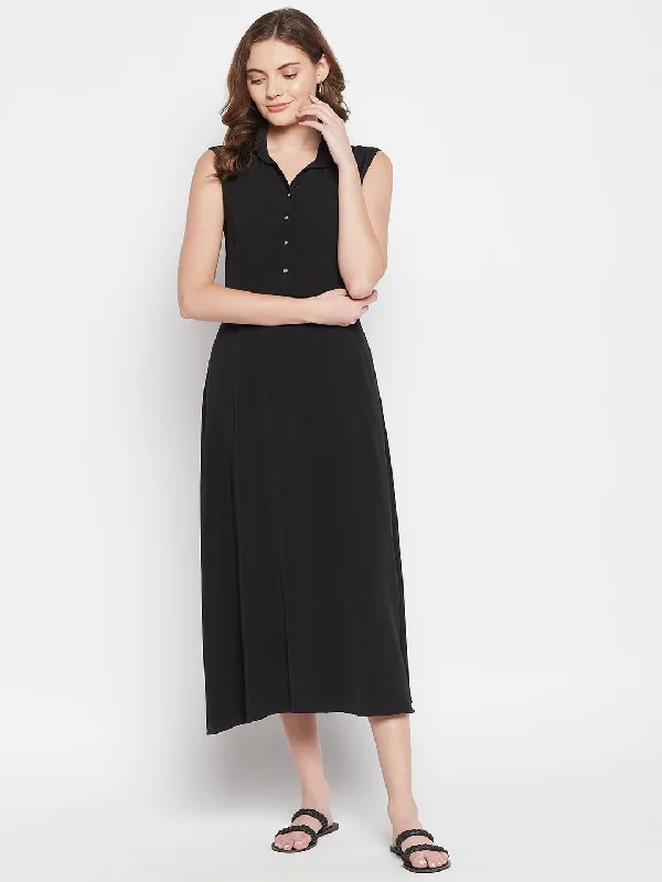 Cool festival dress-Women's  Spread Collar Black Solid A line Dress