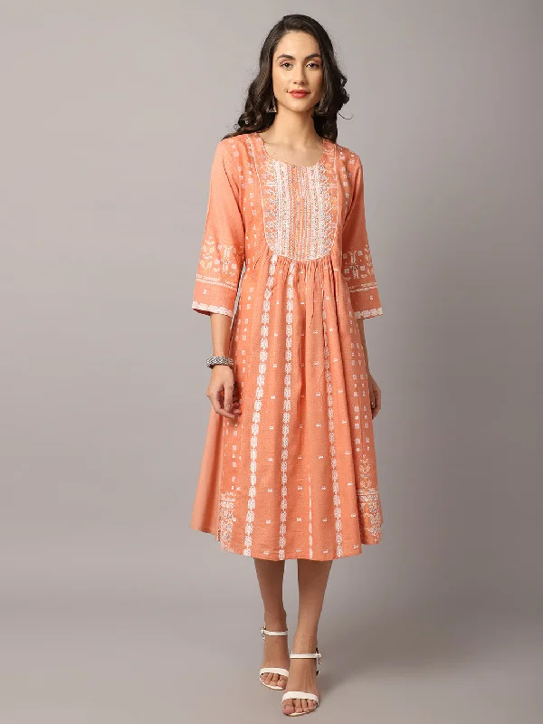 Organic linen dress-Women's  Round neck Peach Geometric Print Flared Dress