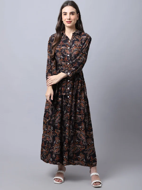 Elite cocktail dress-Women's  Spread Collar Black Paisley Print Maxi Dress