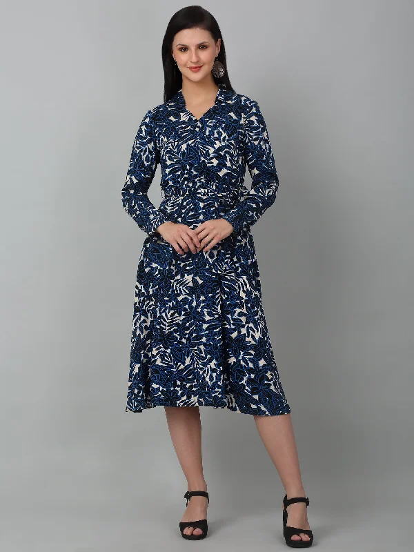 Gleaming crystal dress-Women's Blue Floral Printed Full Sleeves Casual Dress