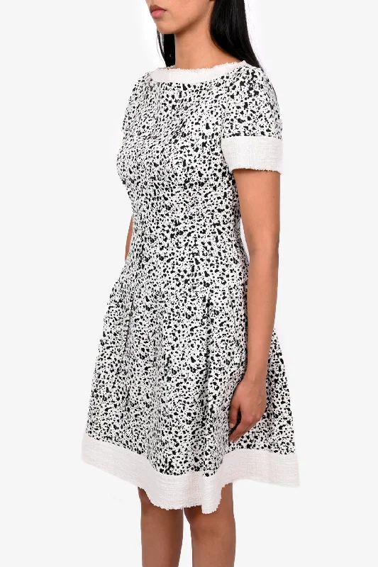 Topaz jewel dress-Carolina Herrera White/Black Spotted Tweed Wide Boat Flared Mini Dress sz 6