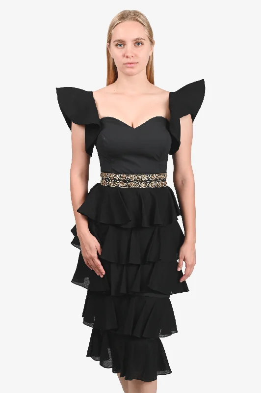 Lavender luxe dress-Caroline Constas Black/Gold Embroidered Tiered Ruffle Midi Dress Size 4