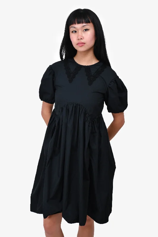 Kimono-sleeve summer dress-Cecilie Bahnsen Black Lace Trim Collar Puff Sleeve Dress Size 6