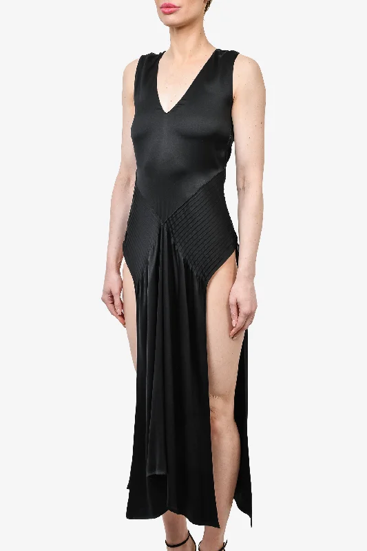 Ruching vintage dress-Celine Black Silk V-Neck Sleeveless Dress with Side Cut-Outs