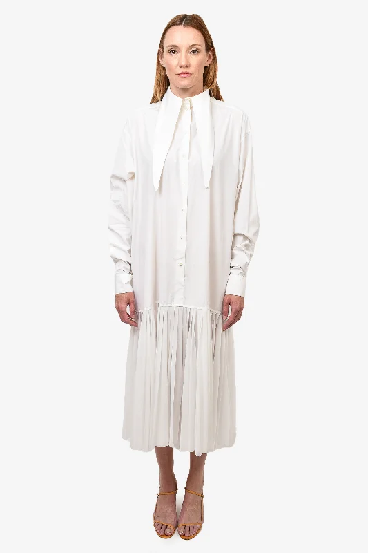 Paneled prom dress-Celine White Cotton Poplin Button-Up Shirt Midi Dress with Pleated Hem Size 40