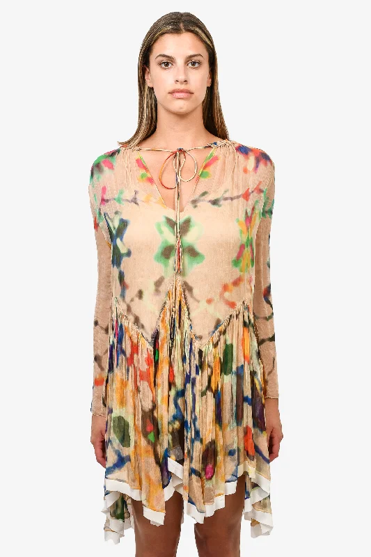 Holographic club dress-Chloe Beige Silk Tie-Dye Dress Size 34