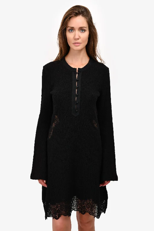 Soft-fade summer dress-Chloe Black Virgin Wool Knit Dress with Eyelet Lace Trim Size 40