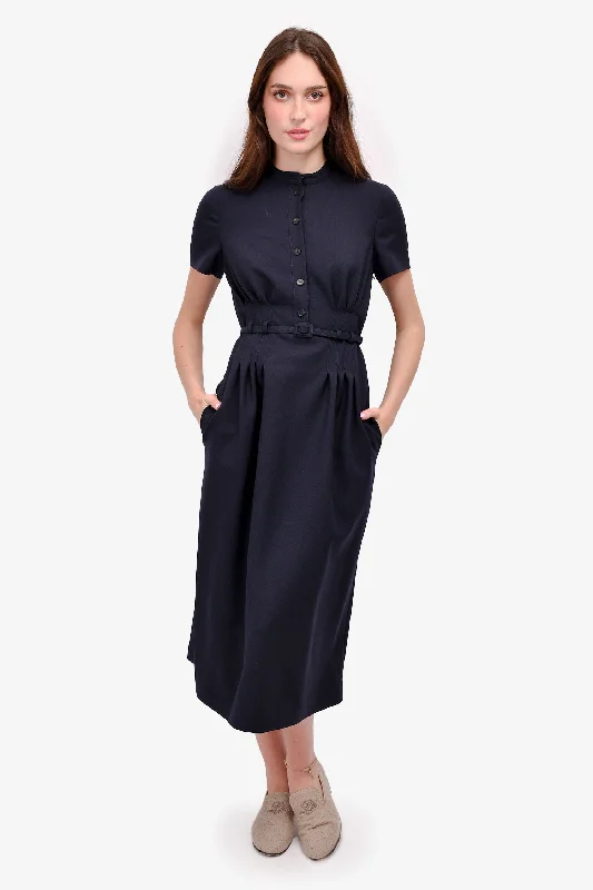 Petaled party dress-Christian Dior Navy Wool Mock Neck Belted Midi Dress Size 6 US