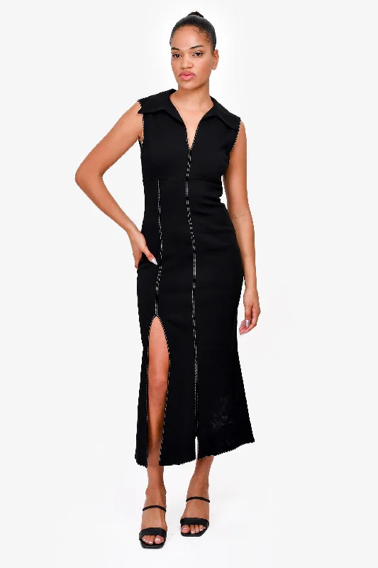 Tidal striped dress-Christopher Kane Black Top Stitch Sleeveless Collared V-Neck Slit Dress Size 40