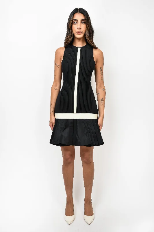 Organic linen dress-David Koma Black/White Sleeveless Pleated Midi Dress Size S