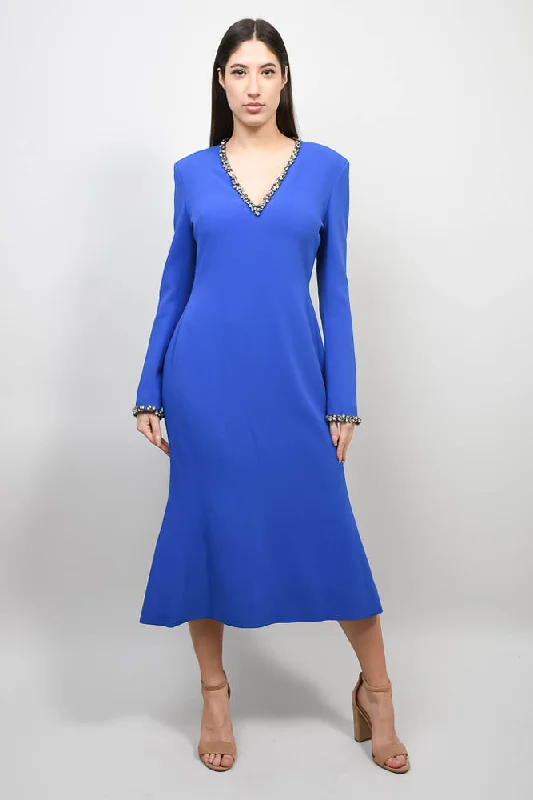 Raw cotton dress-David Koma Blue Sequin Trimmed Long Sleeve Dress Size 14