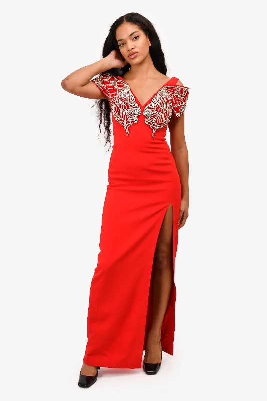 Smooth silk dress-David Koma Red Crystal Butterfly Embellished Gown Size 8