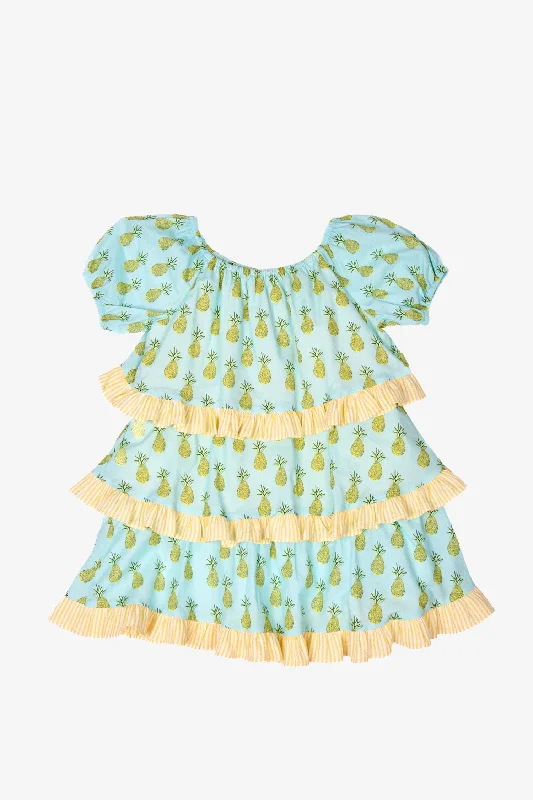 Loose flowing dress-Devotion Twins Blue Pineapple Print Ruffle Dress Size 6-8 Kids