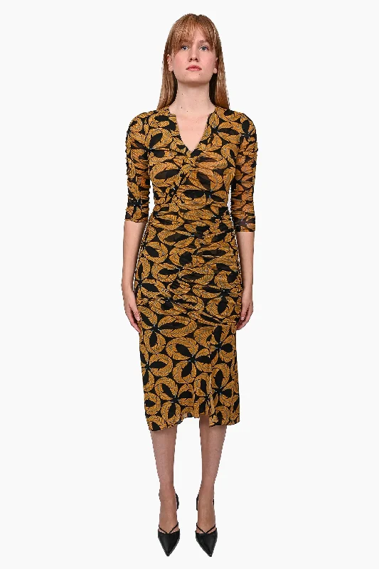 Light tulle dress-Diane Von Furstenberg Black/Mustard Printed Midi Dress Size XS