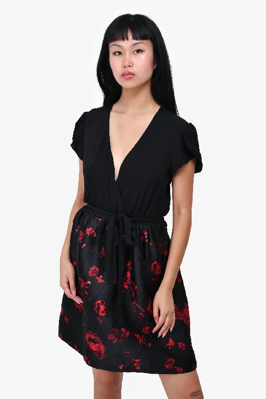 Gleaming crystal dress-Diane von Furstenberg Black/Red Rose Embroidered Dress Size 8