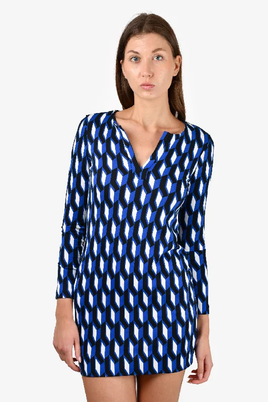 Trail safari dress-Diane Von Furstenberg Blue/Black Printed Mini Shirt Dress Size 0