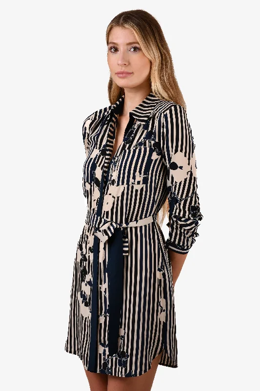 Snug clingy dress-Diane von Furstenberg Navy/Beige Floral Striped Wrap Dress Size 4