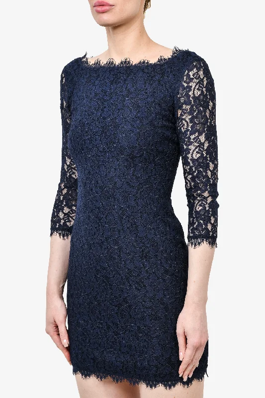 Close gathered dress-Diane Von Furstenberg Navy Blue Lace Midi Dress Size 4