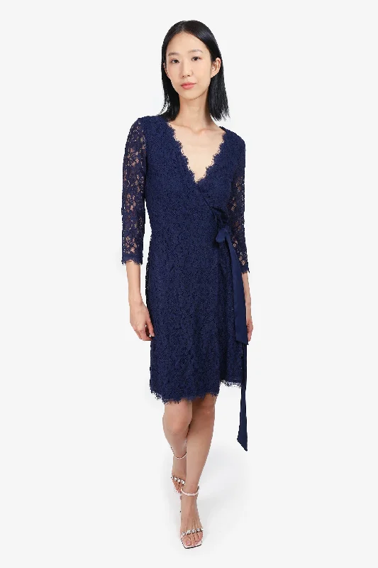 Solid paneled dress-Diane von Furstenberg Navy Lace Wrap Dress Size 2