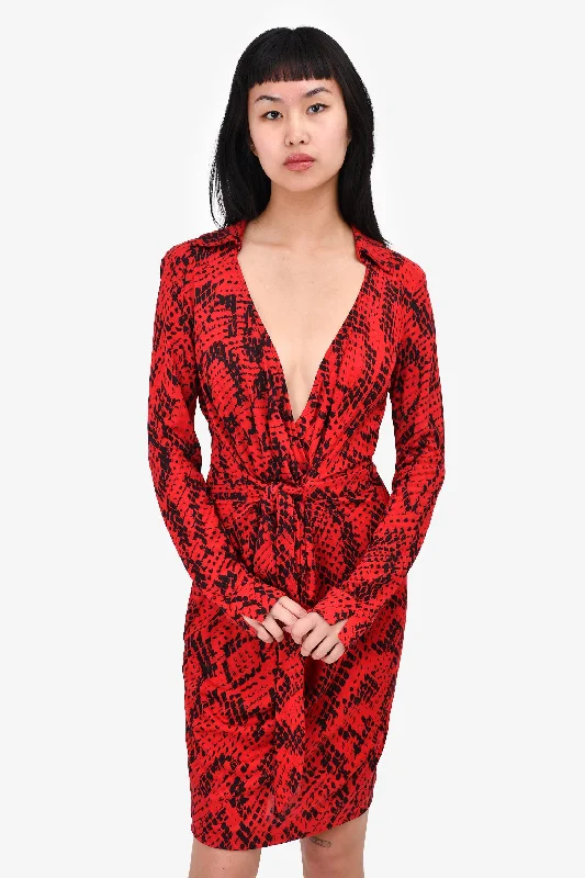 Wide gusty dress-Diane von Furstenberg Red/Black Printed Silk Tie Waist Midi Dress Size 6