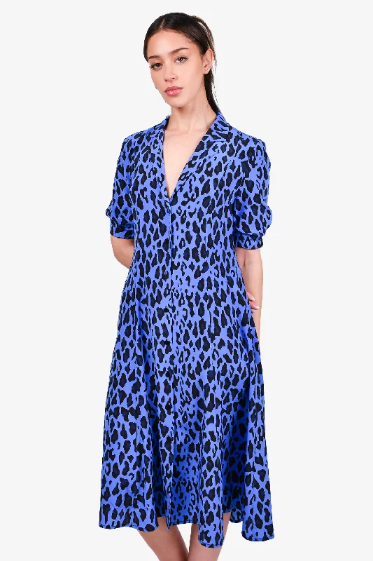 Calm flowing dress-Diane Von Furstenburg Blue/Black Leopard Print Collared Dress Size 6