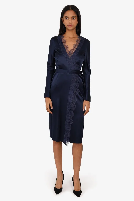 Dance pom-pom dress-Dion Lee Navy Silk Long-sleeve Cutout Dress with Lace Detail Size 2