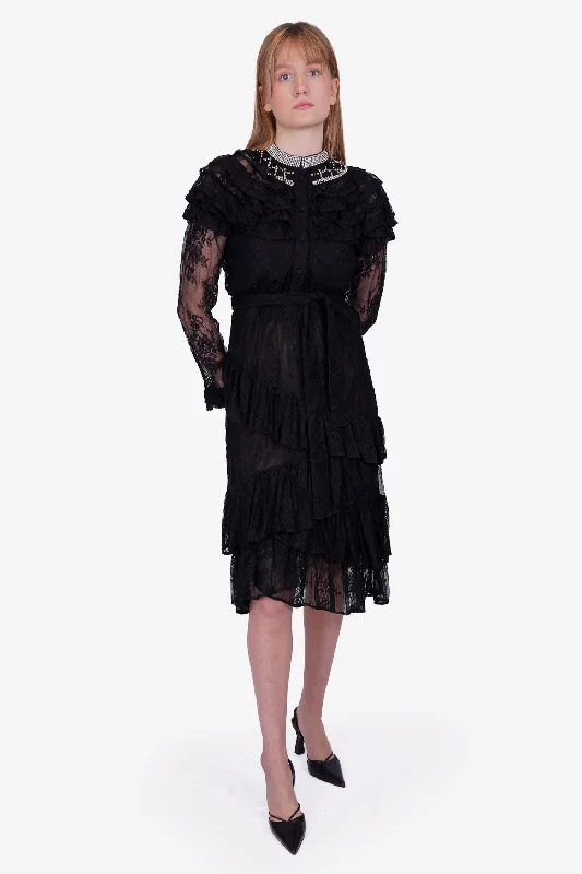 Tulle evening dress-Dodo Baror Black Lace Sheer Ruffle Maxi Dress with Crystal Embellished Collar Size 44