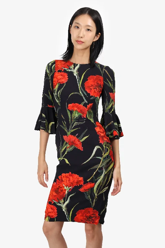 Strappy wedding dress-Dolce & Gabbana Black/Red Floral Printed Ruffle Sleeve Dress Size 36