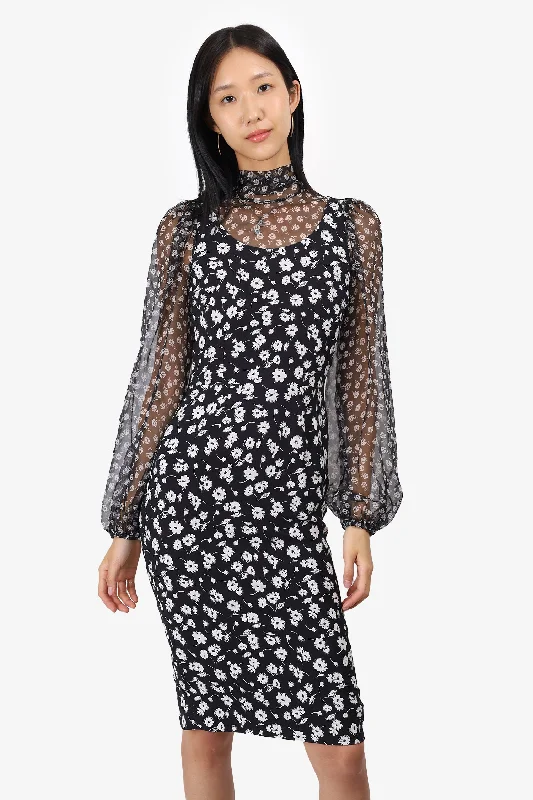 Nostalgic slip dress-Dolce & Gabbana Black White Silk Puff Sleeve Floral Printed Midi Dress Size 36