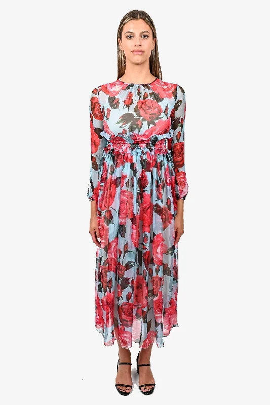 Voluminous bridesmaid dress-Dolce & Gabbana Blue/Red Rose Printed Maxi Dress Size 40