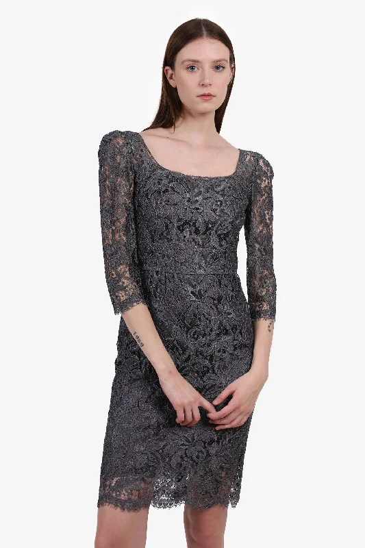 Fan-pleat work dress-Dolce & Gabbana Grey Lace Midi Dress With Slip Size 40