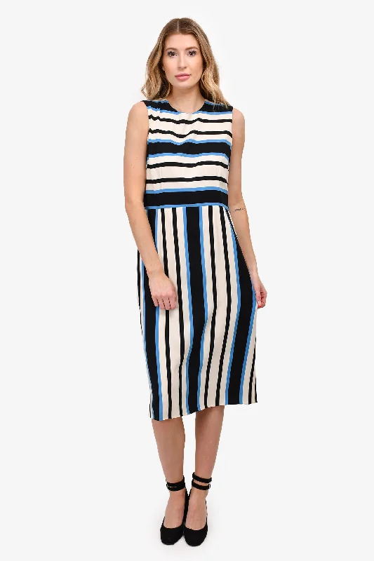 Gathered mini dress-Dolce & Gabbana White/Black/Blue Striped Silk Sleeveless Midi Dress Size 50