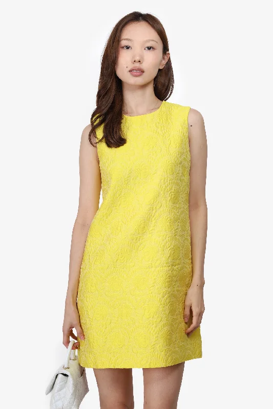 Drawstring casual dress-Dolce & Gabbana Yellow Matelasse Fiori Jacquard Mini Dress Size 40