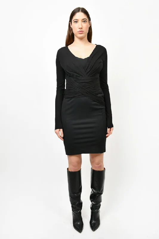 Stand-collar office dress-Donna Karan Black Silky L/S Draped Vneck Midi Dress