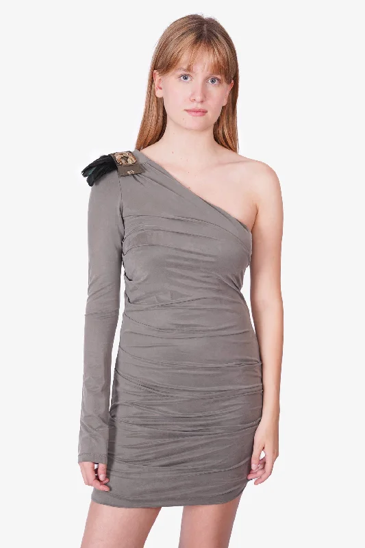 Tapestry hippie dress-Elisabetta Franchi Olive Rushed One Shoulder Dress with Feather Size 42