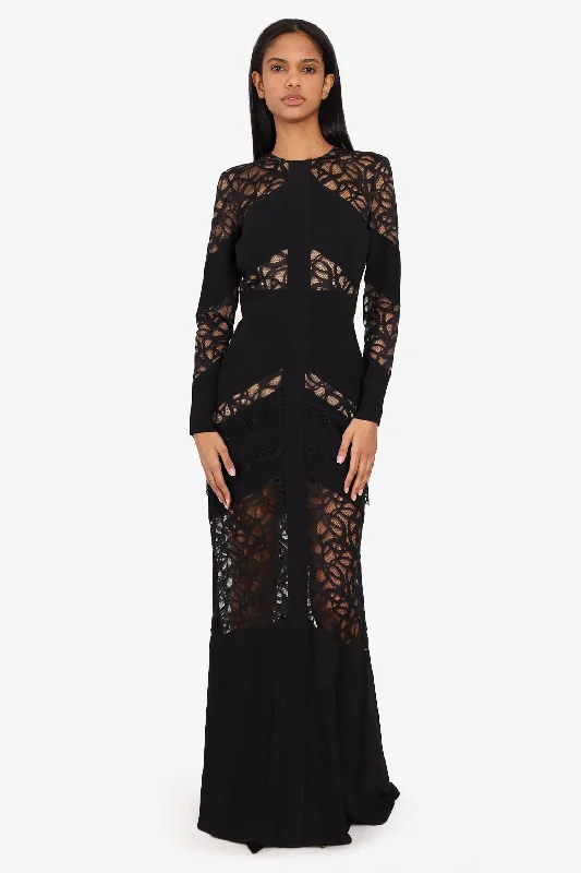 Bud garden dress-Ellie Saab Black Cotton Lace Long Dress Crew Neck Long Sleeves Zip At The Back Size 40