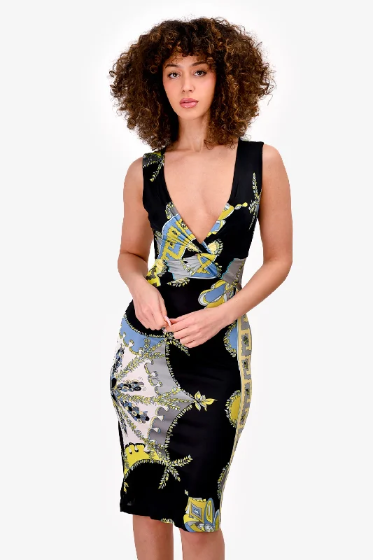 Sack peasant dress-Emilio Pucci Black/Green Printed Sleeveless Midi Dress Size XS