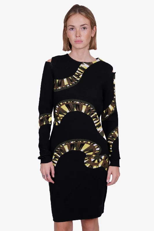 Threaded embroidered dress-Emilio Pucci Black Wool Patterned Cut Long Sleeve Dress Size M