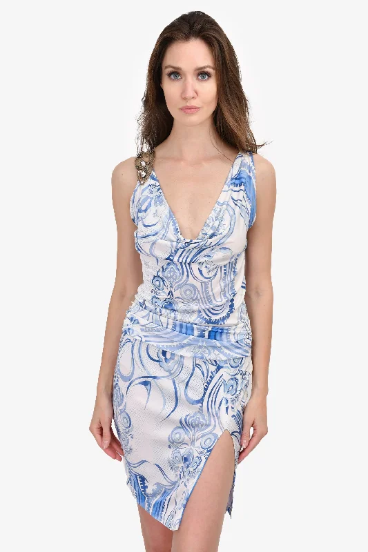 Glossy sleek dress-Emilio Pucci Blue/White Printed Embellished Shoulder Sleeveless Dress Size 4 US