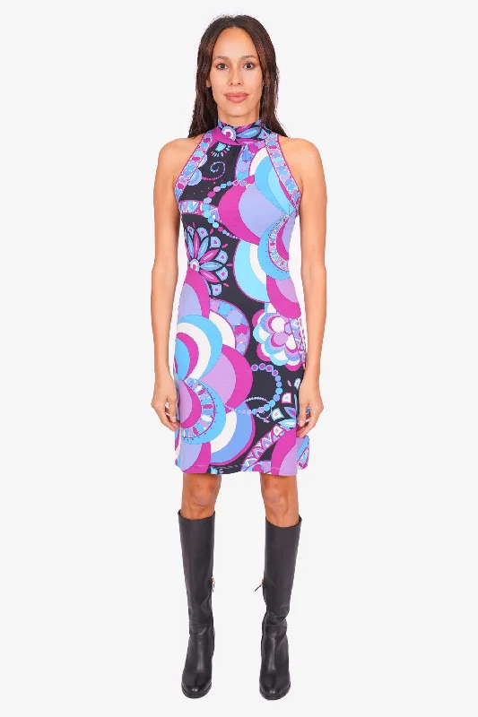 Radiant neon dress-Emilio Pucci Purple/Blue Printed High Collar Dress (es sz S)