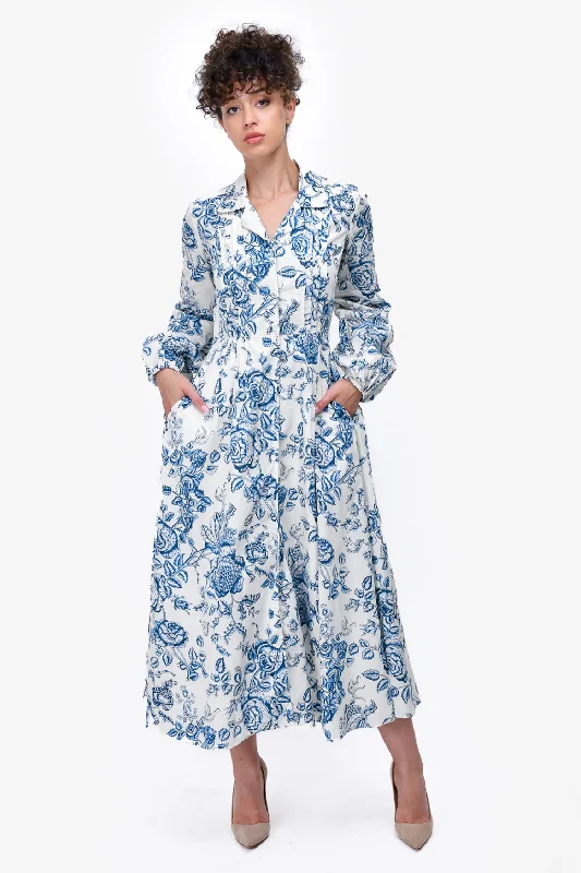 Chestnut earthy dress-Erdem Blue/White Floral Cotton Button Down Dress Size 4