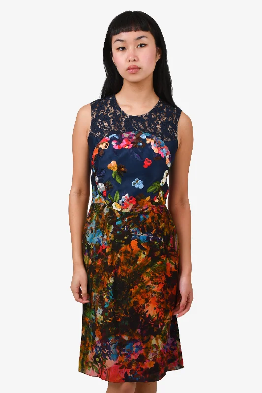 Thyme muted dress-Erdem Navy/Multi-Floral Silk Blend Sleeveless High Neck Midi Dress Size 2