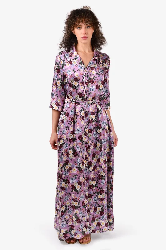 Honey glam dress-Erdem Purple Floral Silk Quarter Sleeve Maxi Dress with Belt Size 10