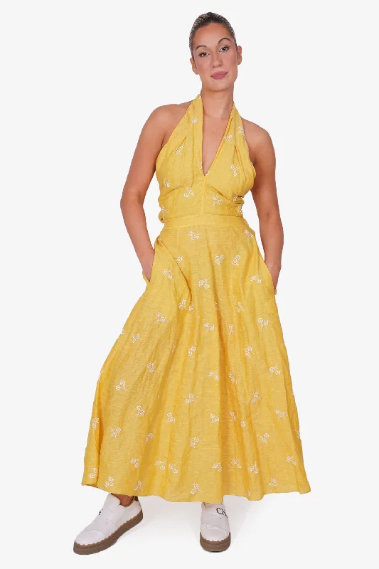 Rust metallic dress-Erdem Yellow/White Floral Embroidered Halterneck Maxi Dress Size 6